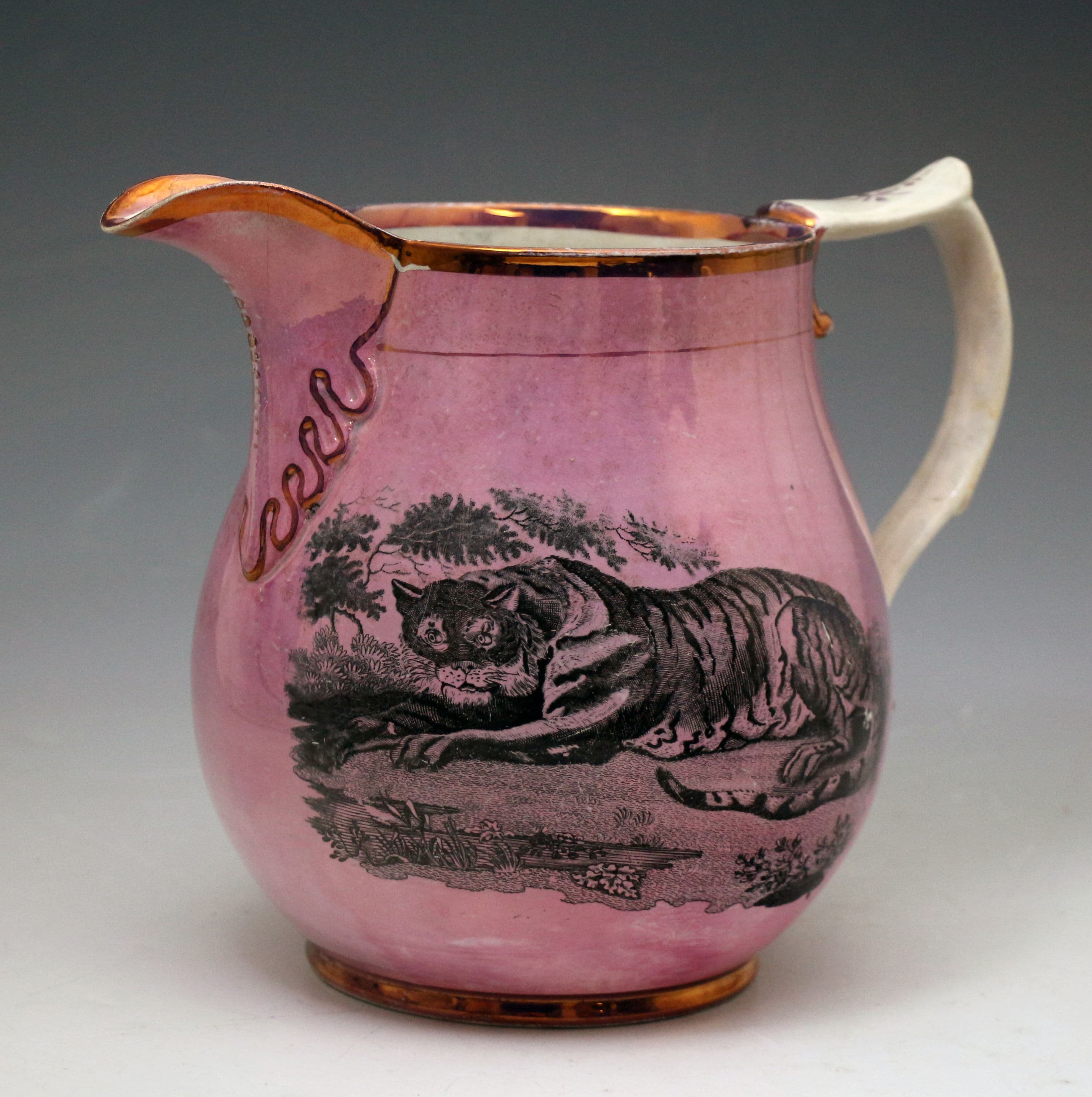 Antique English pottery pink luster pitcher with image of tiger early 19th century John Howard