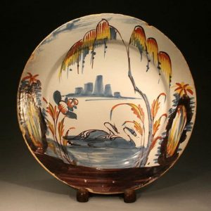 antique-english-pottery-delftware-dish-with-swans-on-lake-c1750