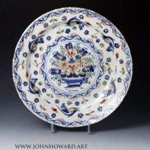 English delftware charger polychrome colours Bristol Works 18th century