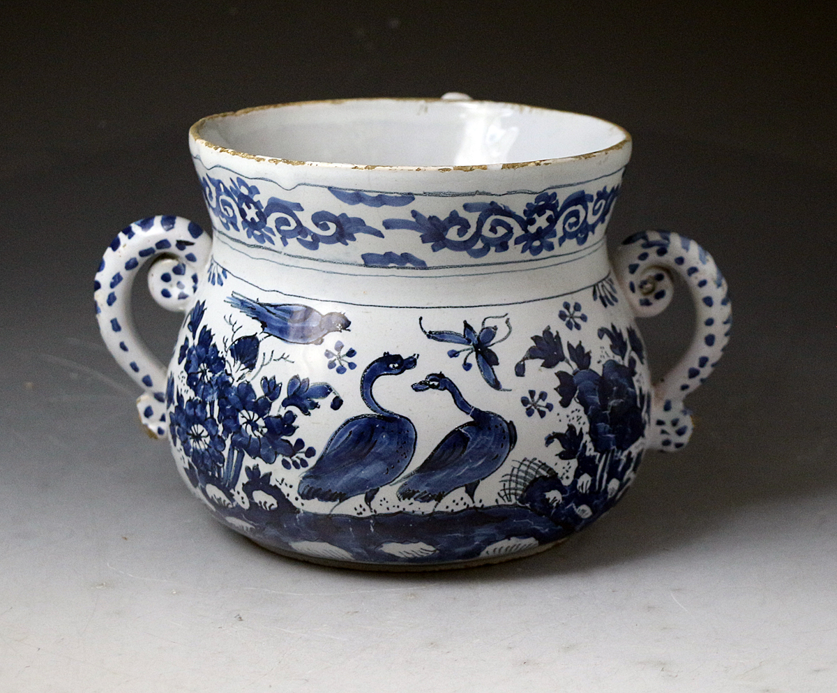 English delftware pottery blue and white posset pot late 17tth century London Delftworks John