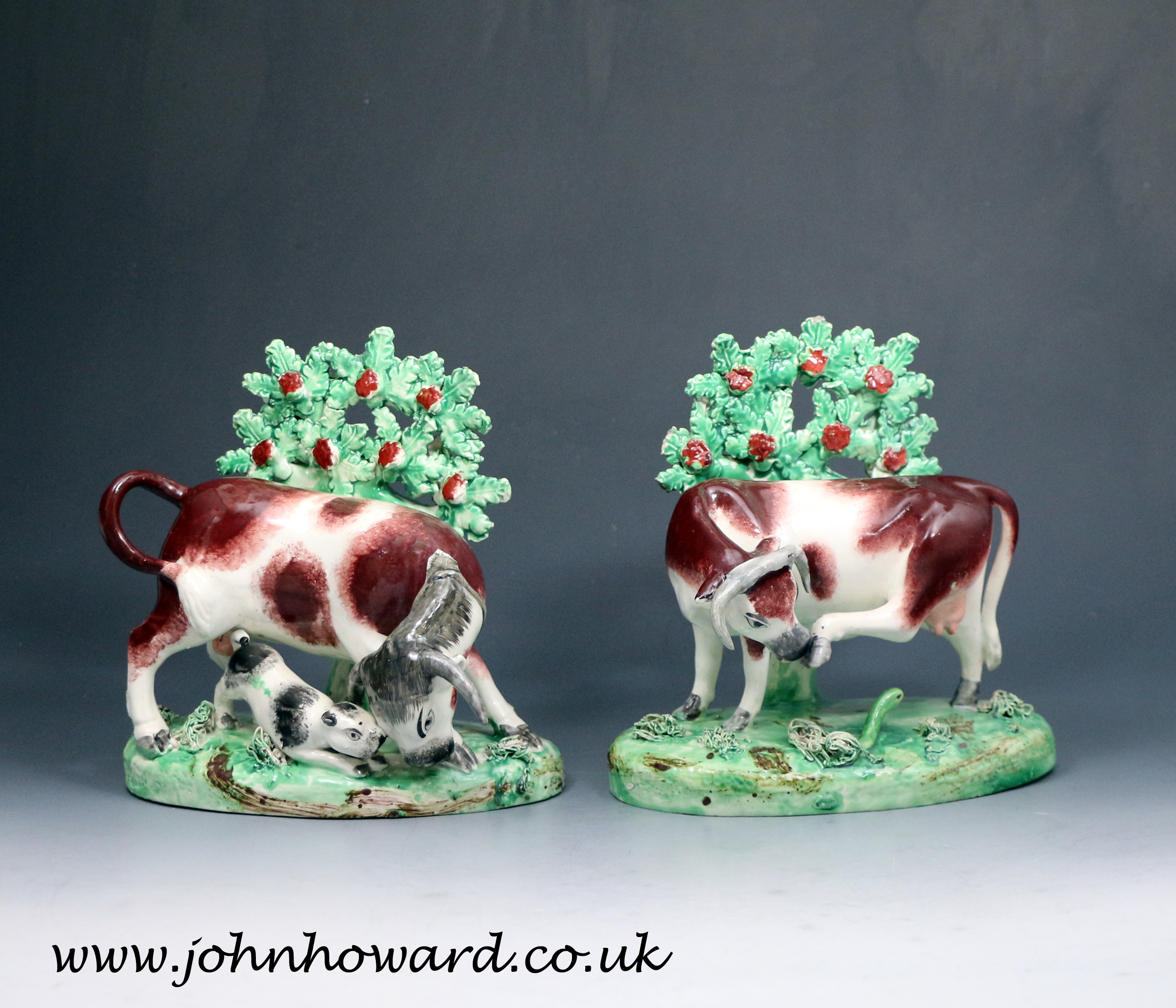 Staffordshire Red & White Cow with Floral Bocage Porcelain Vase Figurine 