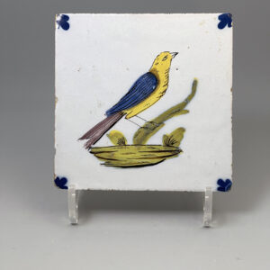 English delftware polychrome decorated tile painted with bird mid 18th century Liverpool