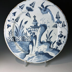 English delftware dish with blue and white chinoiserie decoration Bristol circa 1750