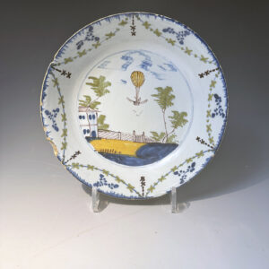 English delftware pottery shallow dish commemorating the balloon accent of Lunardi in 1784