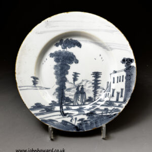 Bristol delftware blue and white plate in the Bowen Style with couple in landscape.