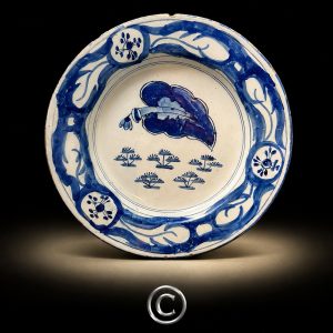 English delftware blue and white plate with Artemisia leaf circa 1740